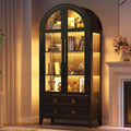 Gewoelbte Glasvitrine mit LED Beleuchtung mit Glastueren Schwarz Glas Vitrinenschrank mit Bewegungssensor 2 Schubladen 3 Farbe Licht Vitrine mit Display Regale fuer Figuren Wohnzimmer