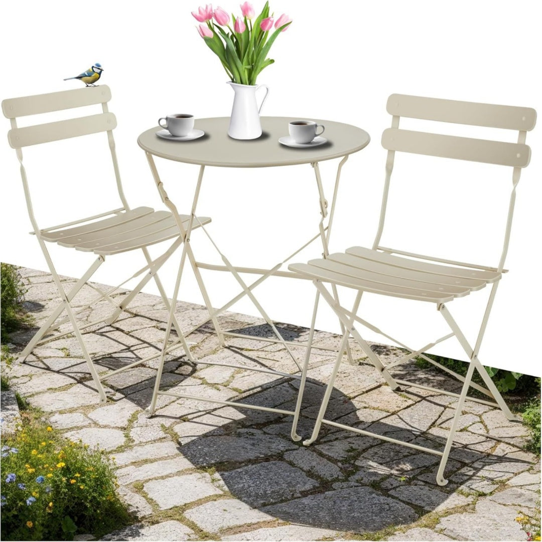 Gartenmoebel Bistro Set aus Gartentisch mit Stuehlen Balkonmoebel Kleiner Balkon Klapptisch mit 2x Gartenstuhl Outdoor Sitzgruppe mit Balkontisch wetterfest fuer Garten Balkon Creme