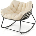 Rattan Schaukelstuhl Garten Schwingsessel Schaukelsessel Outdoor Relaxstuhl mit gepolstertem Kissen Lesesessel fuer Balkon Veranda Wohnzimmer und Terrasse Beige