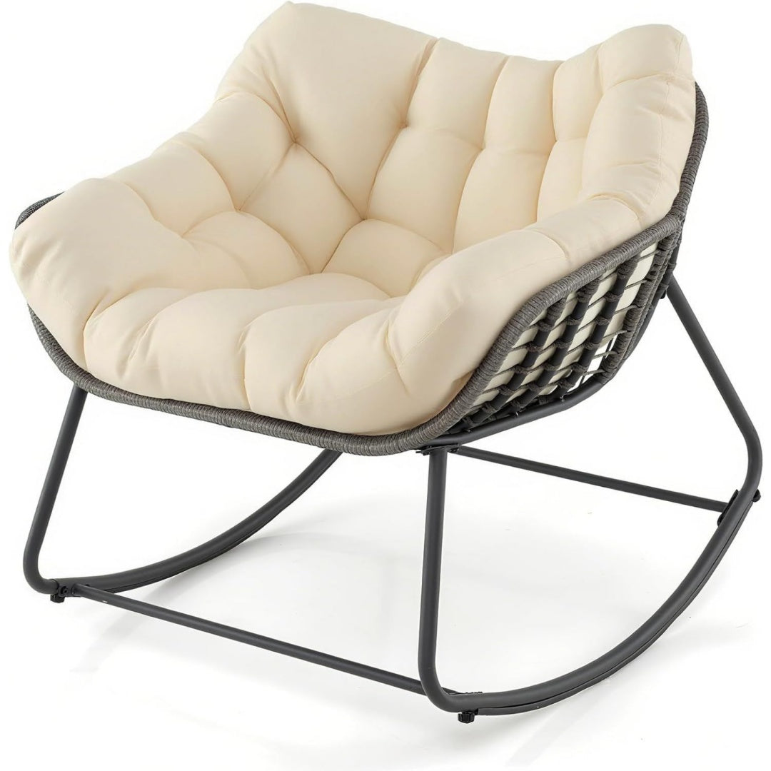 Rattan Schaukelstuhl Garten Schwingsessel Schaukelsessel Outdoor Relaxstuhl mit gepolstertem Kissen Lesesessel fuer Balkon Veranda Wohnzimmer und Terrasse Beige