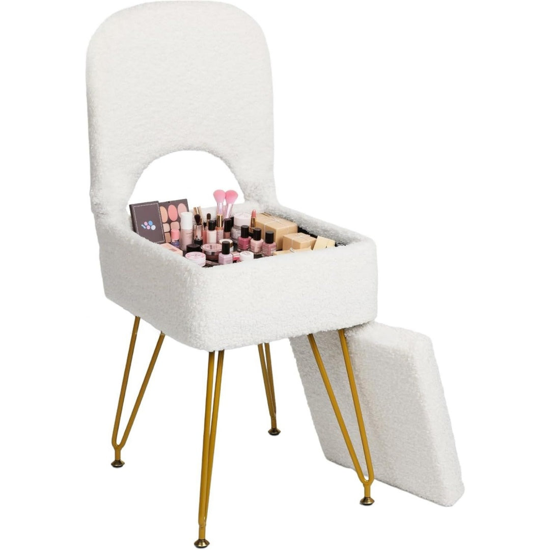 Schminkstuhl mit Stauraum klappbarer Rueckenlehne Teddy-Pluesch Polsterhocker mit goldenen Metallbeinen Stuhl fuer Schminktisch Wohnzimmer als Jugendzimmer Sessel Weiss