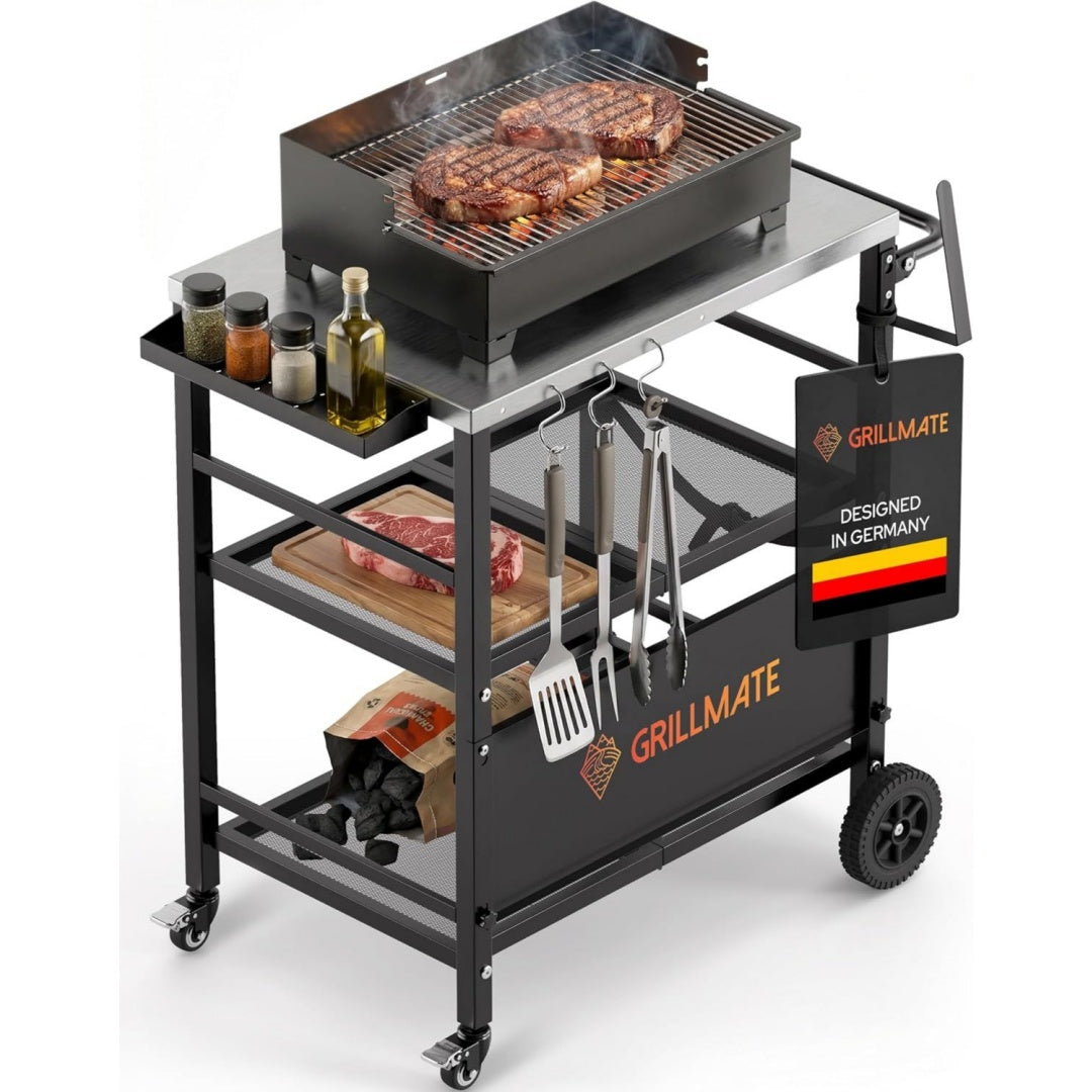 Grilltisch Outdoor Wetterfest Klappbar Grillwagen Servierwagen Tisch fuer Grill Gasgrill Pizzaofen Beistelltisch fuer Balkon Rostresistent Portabel Edelstahl