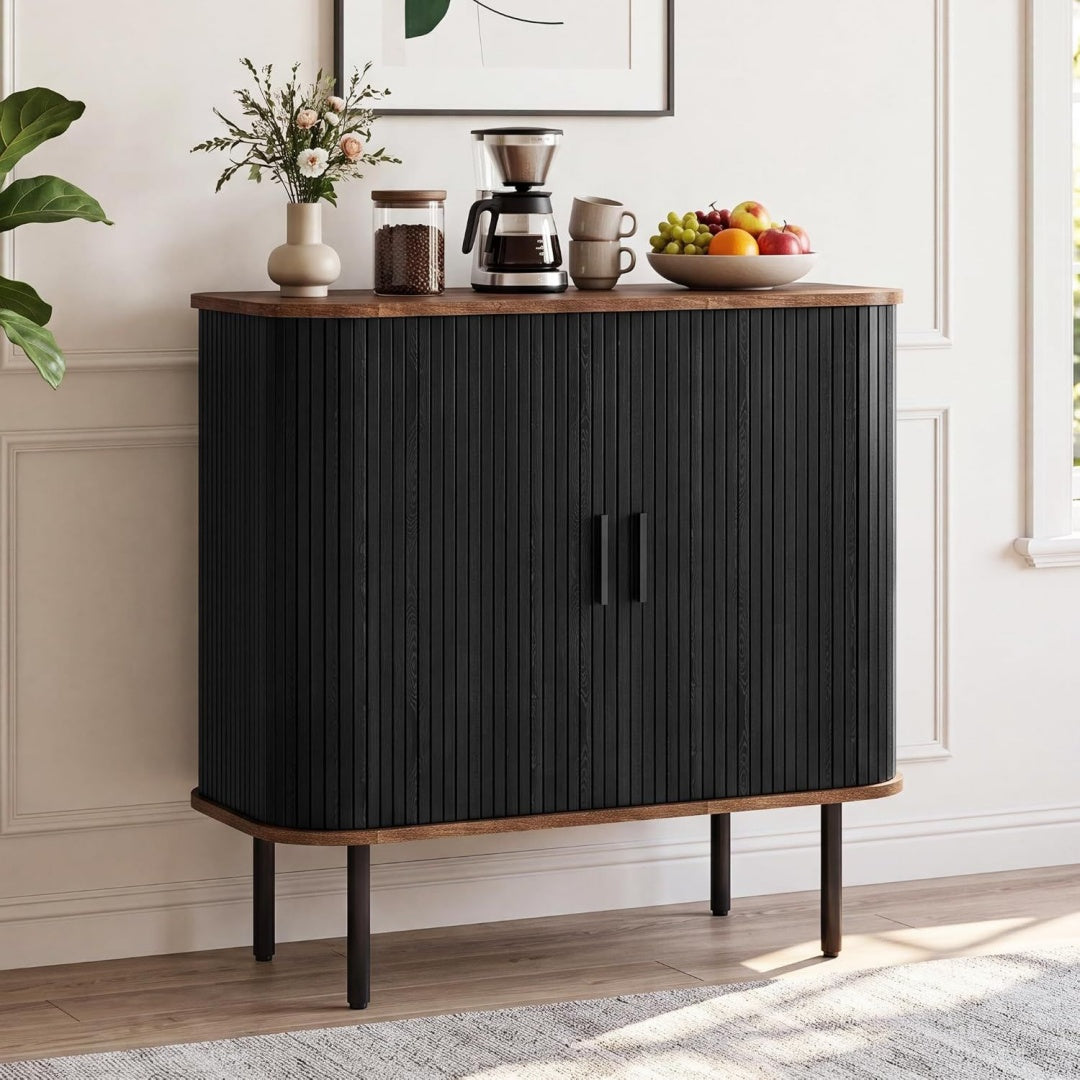 Sideboard Buffet-Aufbewahrungsschrank fuer Wohnzimmer Kuechenschrank mit Tambour Schiebetuer Aufbewahrungseinheit fuer modernes Zuhause Esszimmer Schwarz