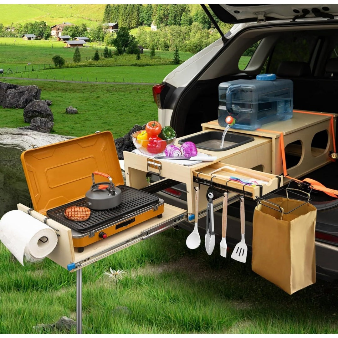 Campingbox fuer Auto Klappbare Campingkueche mit Spuele Kuechenbox Camping Stauraum und Platz fuer 2 Brenner Perfekt fuer Kochen Waschen Schneiden Schneller Aufbau in 1 Min