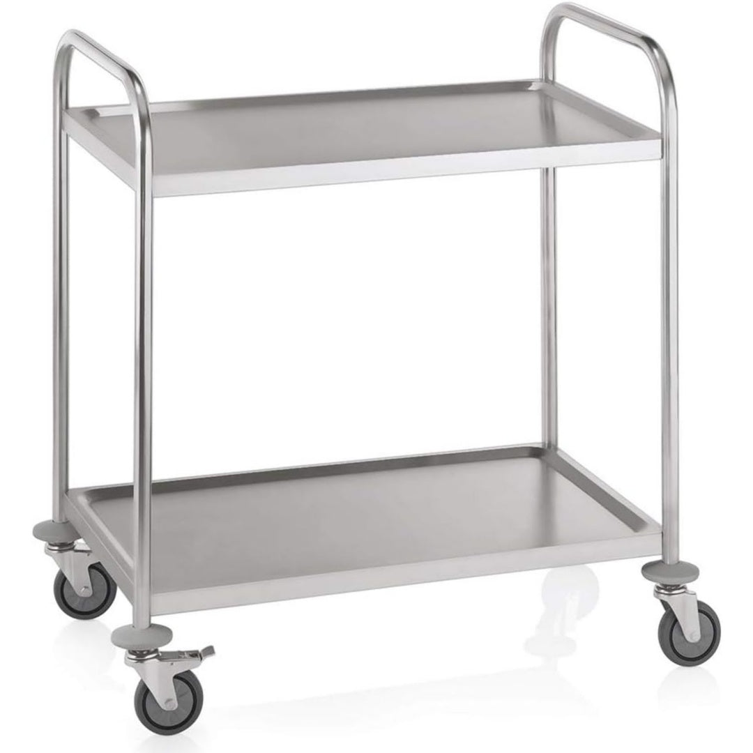 Edelstahl Servierwagen 4 schwenkbare Rollen mit Rammschutz 2 Borde 54cm Abstand 85cm Laenge 54cm Breite 94cm Hoehe