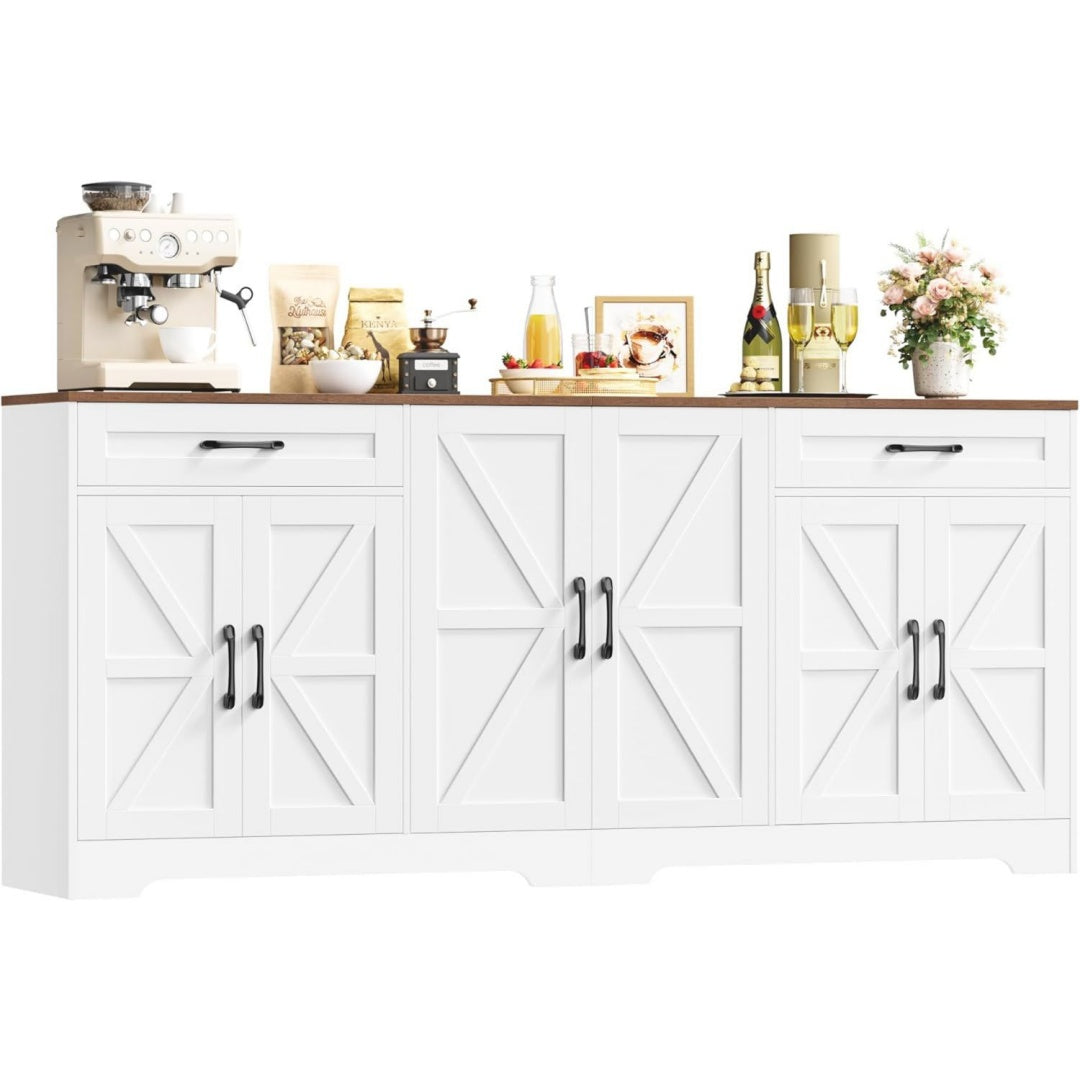 Sideboard 180cm Kuechenschrank mit Arbeitsplatte Sideboard Weiss Sideboard Kueche mit 6 Tueren und 2 Schubladen Anrichte Kuechenbuffet mit Verstellbare Regal fuer Wohnzimmer 180x87x34 cm