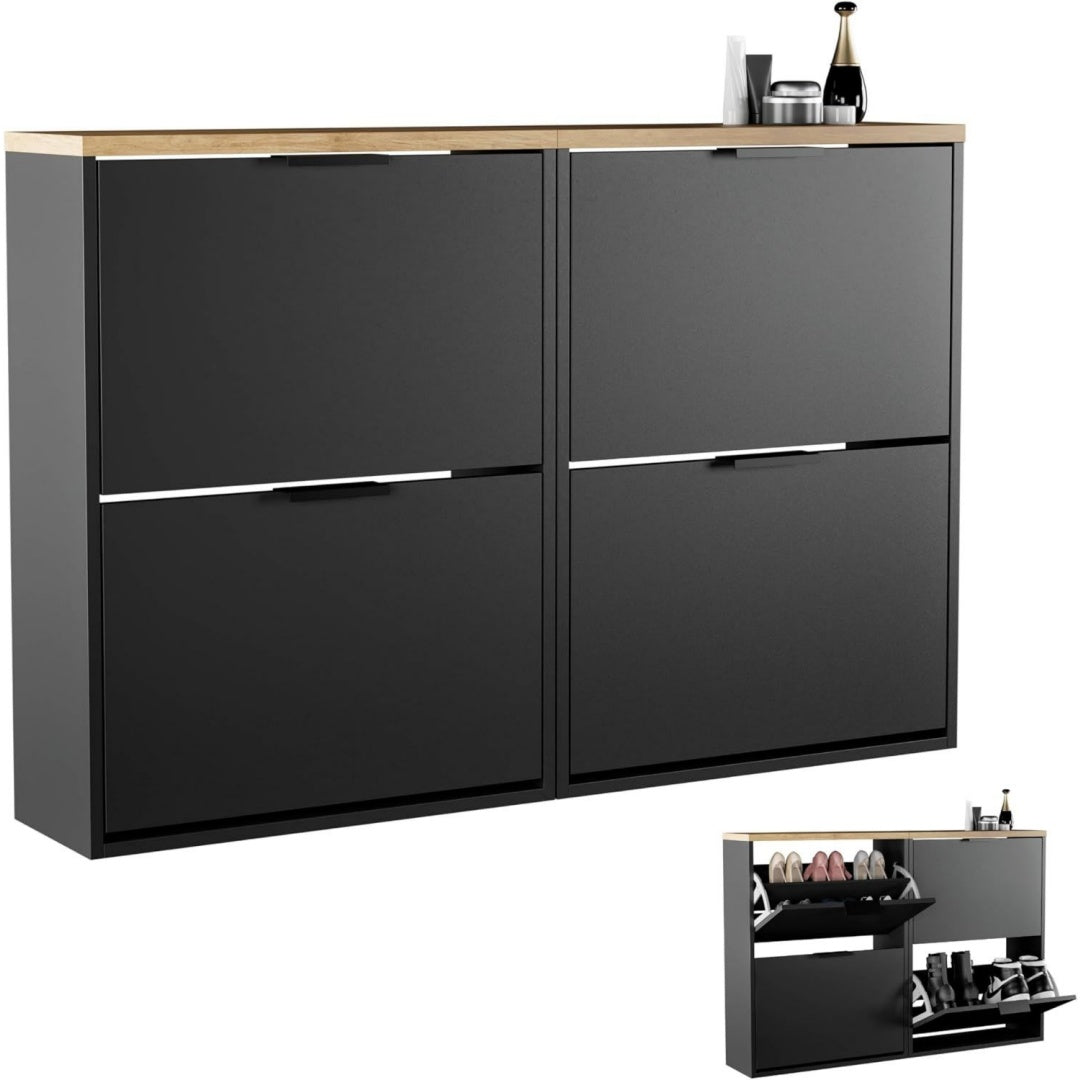 2 x Schuhschrank schmal mit 2 Klappen platzsparender Schuhregal mit 4 Ablagen Schuhkommode fuer Diele Flur Garderobe 60 x 23 x 80.5 cm schwarz
