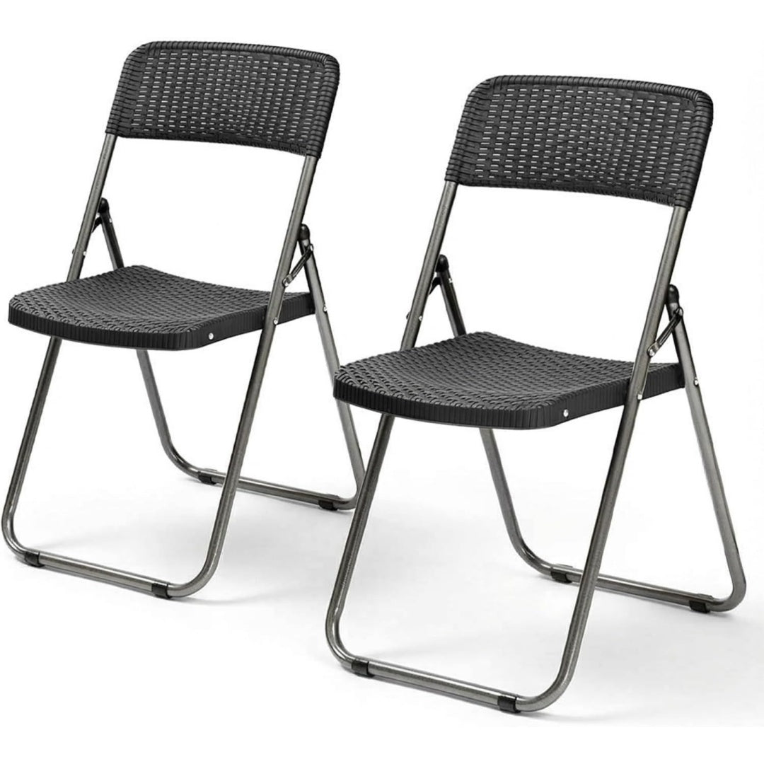 2er-Set Klappstuhl in Rattanoptik bis 200kg 46x53x84cm wasserdicht Stuehle aus Metall Kunststoff Gartenstuhl Klappbar fuer Balkon Garten und Terrasse Schwarz